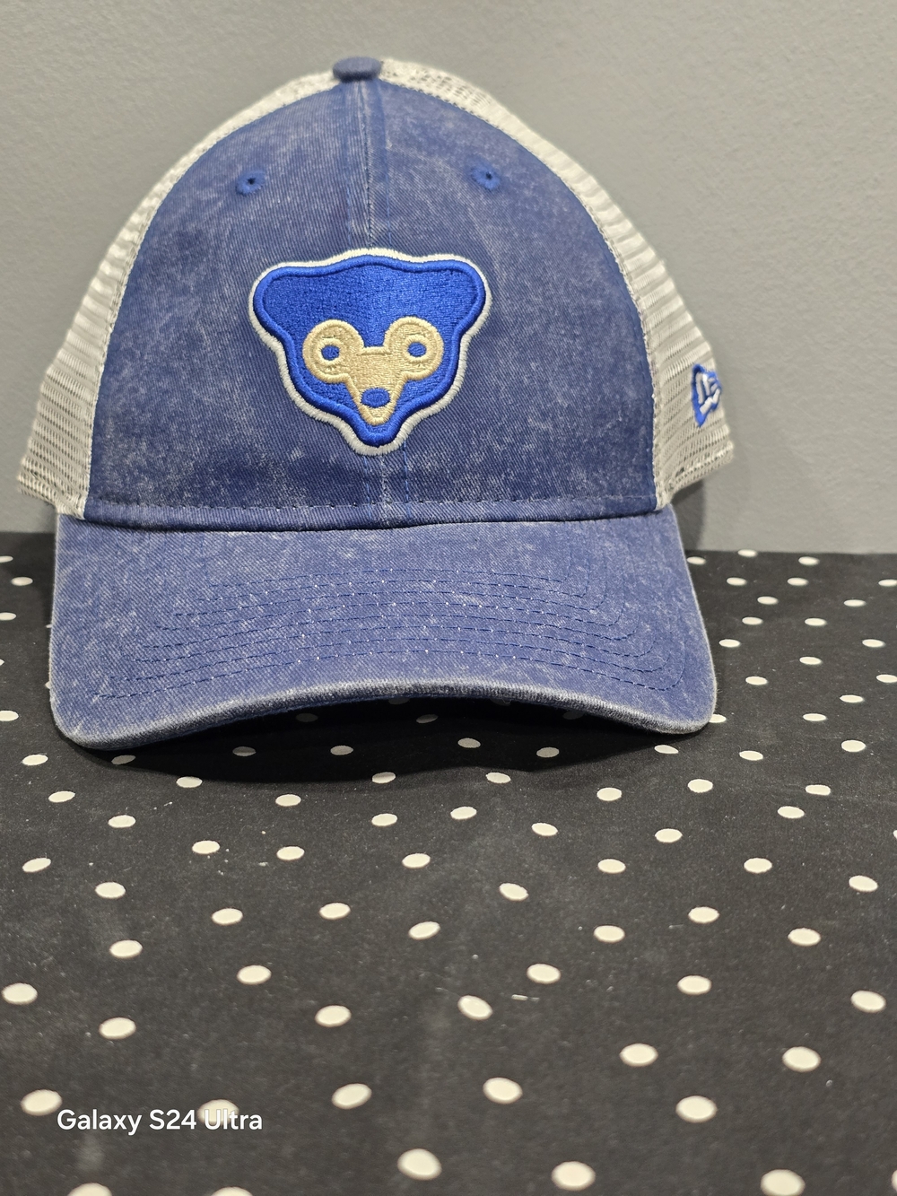 New Era Blue and White Trucker Cap with Bear Patch